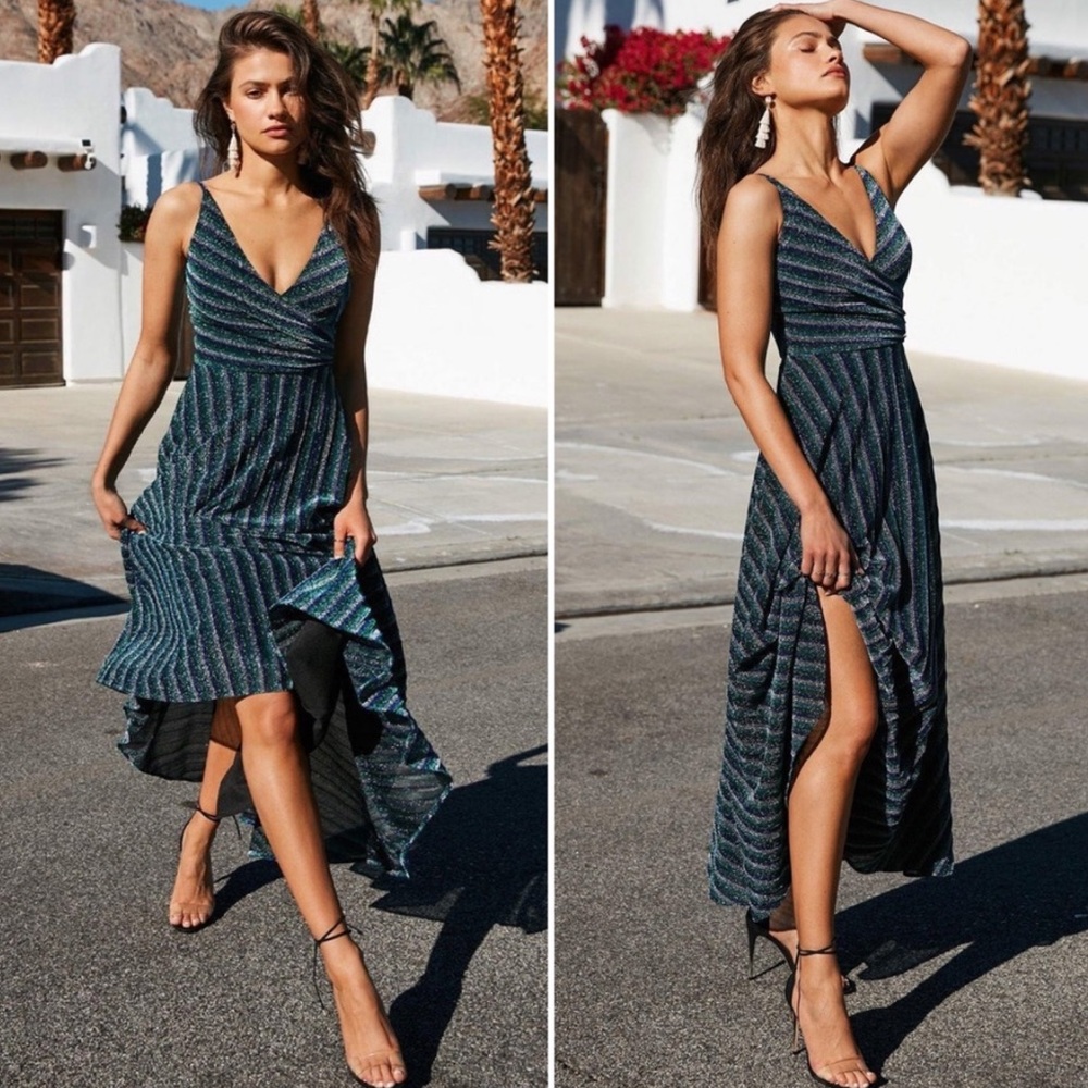 Dress the Population Lena Dress: Striped Maxi Dress - Blue and Green - Picture 12 of 13